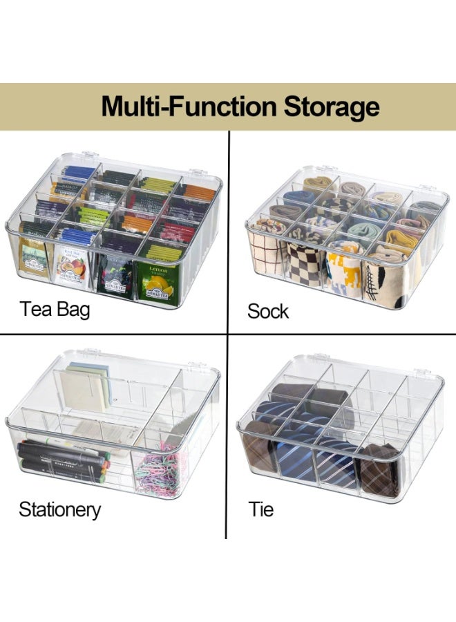 منظم خزانة الجوارب والملابس الداخلية، 16 حجرة قابلة للإزالة وقابلة للتقسيم، صندوق تخزين بلاستيكي مع غطاء، منظم تخزين للفساتين والترقيعات وال бюستيكس، منظم خزانة خزانة ملكية بلون رمادي فاتح شفاف. - Image 5